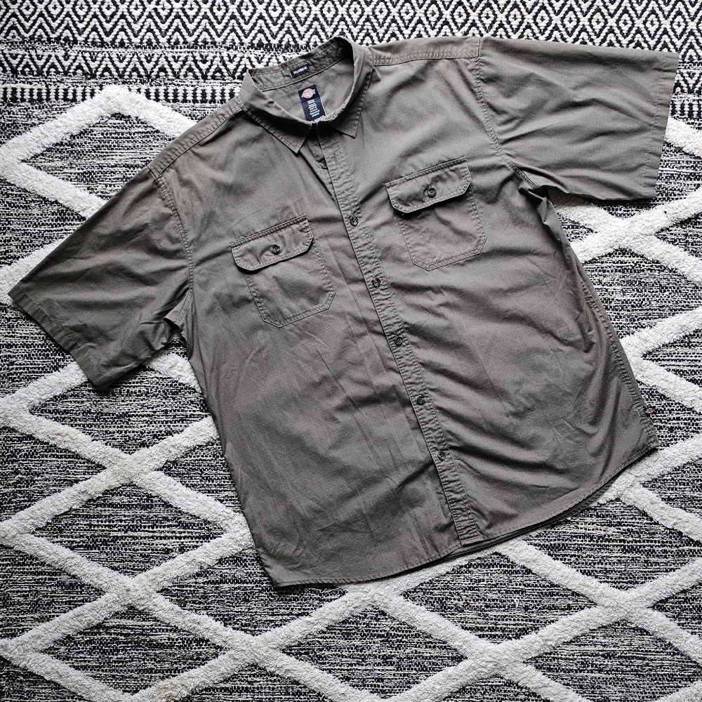 Dickies Army Green Grey Short Sleeve Button Down Utility Shirt sz XL
